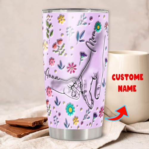 Personalized Holding Mama's Hand Tumbler Custom Name Insulated cups Travel Coffee Mug with Lids Stainless Steel 20 30 Oz Gifts for Mom Nana Mommy New Grandma Mother's Day - color: Hand 617