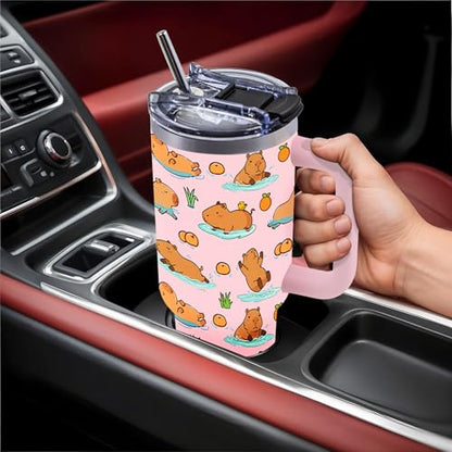 40 Oz Capybara Tumbler Gifts for Women, Capybara Water Bottle with Handle - color: Capybara-Pink