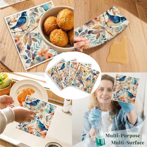 Bird Flower Swedish Dishcloths for Kitchen, Papaya Reusable Paper Towels, 4 Pack Watercolor Dish Cloths, Washable - color: Bird Flowers
