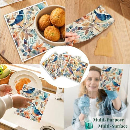 Bird Flower Swedish Dishcloths for Kitchen, Papaya Reusable Paper Towels, 4 Pack Watercolor Dish Cloths, Washable - color: Bird Flowers