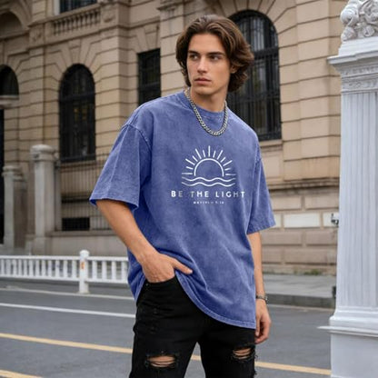 Christian Be The Light Shirts for Men Jesus God Faith Religious Bible Verse T Shirt Oversized Acid Wash Graphic Tees - color: Blue, size: Small