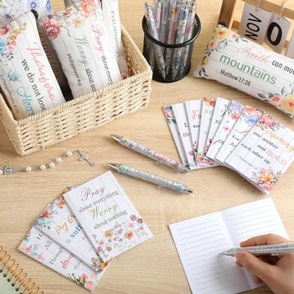 Cholemy 36 Pcs Christian Bulk Gift for Women Include 12 Religious Pens 12 Bible Verse Notebooks 12 Bible Case Bags Makeup Bags Religious Gift for Women Inspirational Study Supply for Men Office Church