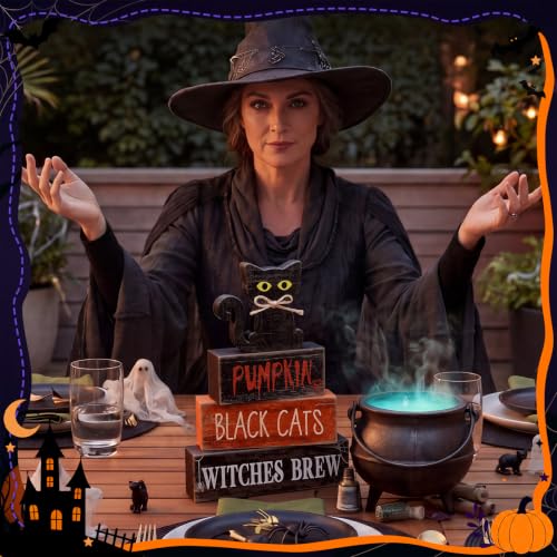 Lineshading 4 Pcs Halloween Table Decor for Home, Wooden Black Cat Sign Set - style: Black Cat