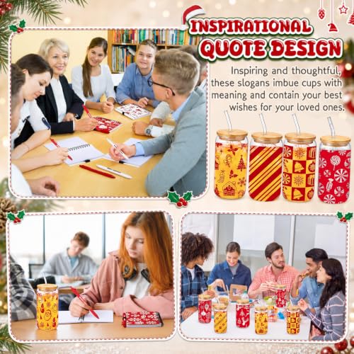 Skylety 12 Set Christmas Bulk 16 oz Red Glass Cups with Lids Straws Xmas Notebook Sticky Note Pens for Employee Appreciation Women Students School Office Holiday Party Favors - style: Red Christmas