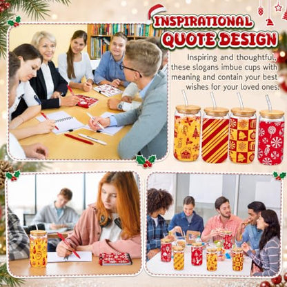 Skylety 12 Set Christmas Bulk 16 oz Red Glass Cups with Lids Straws Xmas Notebook Sticky Note Pens for Employee Appreciation Women Students School Office Holiday Party Favors - style: Red Christmas