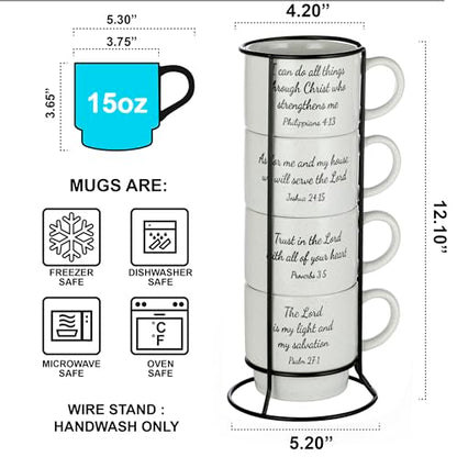 Signature Housewares Stackable Coffee Mug Tower Set with Metal Wire Rack - 15 Ounce Coffee Mugs for Coffee, Tea, Cocoa, Milk, Cappuccino, Hot Chocolate Set of 4 - Inspirational Bible Verses - color: Inspirational Bible Verses, size: 15oz