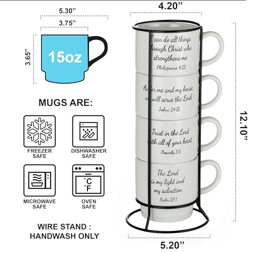 Signature Housewares Stackable Coffee Mug Tower Set with Metal Wire Rack - 15 Ounce Coffee Mugs for Coffee, Tea, Cocoa, Milk, Cappuccino, Hot Chocolate Set of 4 - Inspirational Bible Verses - color: Inspirational Bible Verses, size: 15oz