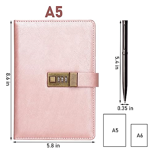 WEMATE Diary with Lock, A5 PU Leather Locked Journal 240 Pages Rose Gold - color: Rose Gold