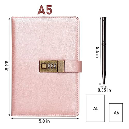 WEMATE Diary with Lock, A5 PU Leather Locked Journal 240 Pages Rose Gold - color: Rose Gold