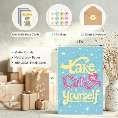 Ogeby 24 Pack Get Well Cards Set with Envelopes & Stickers, Cute Encouragement Cards for Friend Family Coworker, 6 Assorted Designs with Heartfelt Message Inside, 4x6 Inch