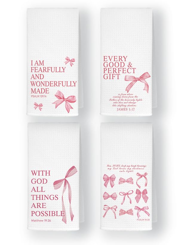 4 Pcs Coquette Pink Bow Christian Bible Verse Kitchen Towels