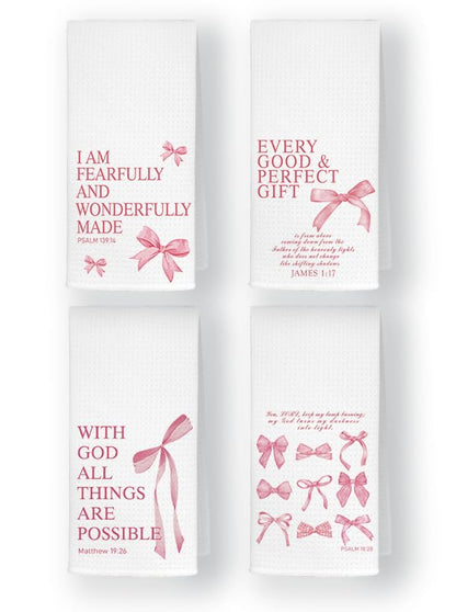 4 Pcs Coquette Pink Bow Christian Bible Verse Kitchen Towels