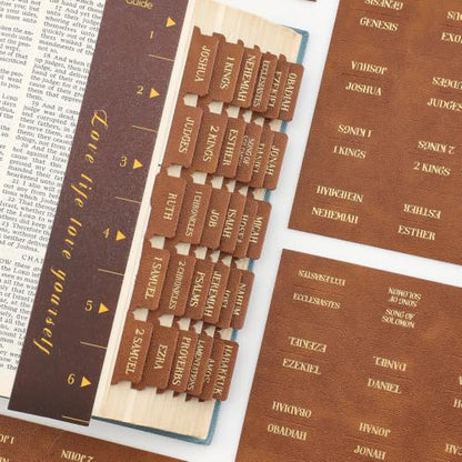 Leather Bible Tabs, Bible Tabs for Women and Men(Gold Foil Lettering) Large Print Stickers, Easy to Read and Apply, 66 Chapters & 14 Blank Labels for Easy Navigation, Bible Study Supplies(Brown) - style: Leather Brown