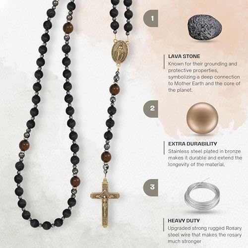 Lava Stone Black Rosary Beads for Men, Catholic Rosary Necklace with Saint Medal & Cross, Yellow Tiger Eye Beads Strong Rosary Cross Necklace in Portable Gift Box - style: Miraculous