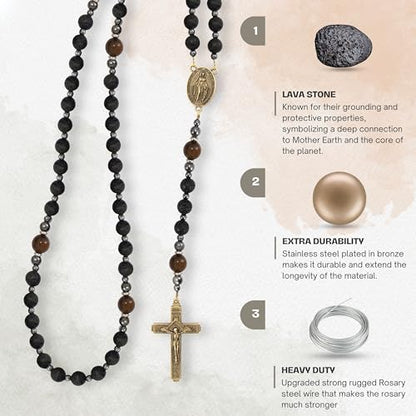 Lava Stone Black Rosary Beads for Men, Catholic Rosary Necklace with Saint Medal & Cross, Yellow Tiger Eye Beads Strong Rosary Cross Necklace in Portable Gift Box - style: Miraculous