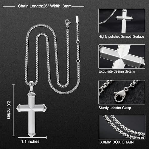 Stainless Steel Cross Necklace for Men with Adjustable Box Chain Christian Cross neckalce Gift - color: Silver