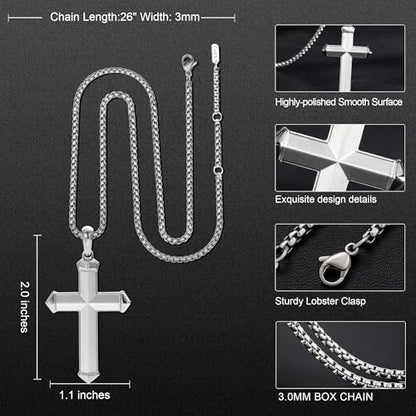 Stainless Steel Cross Necklace for Men with Adjustable Box Chain Christian Cross neckalce Gift - color: Silver