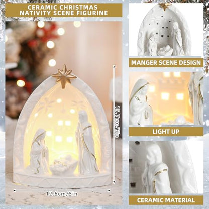 Cindeer Nativity Set for Christmas Indoor,Ceramic Nativity Scene with Light, Porcelain Statue Sculpted Hand Painted Figurine, Holy Family Manger Scene Tabletop Decor Gift(Classic) - style: Classic
