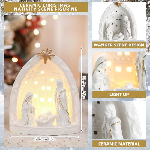 Cindeer Nativity Set for Christmas Indoor,Ceramic Nativity Scene with Light, Porcelain Statue Sculpted Hand Painted Figurine, Holy Family Manger Scene Tabletop Decor Gift(Classic) - style: Classic