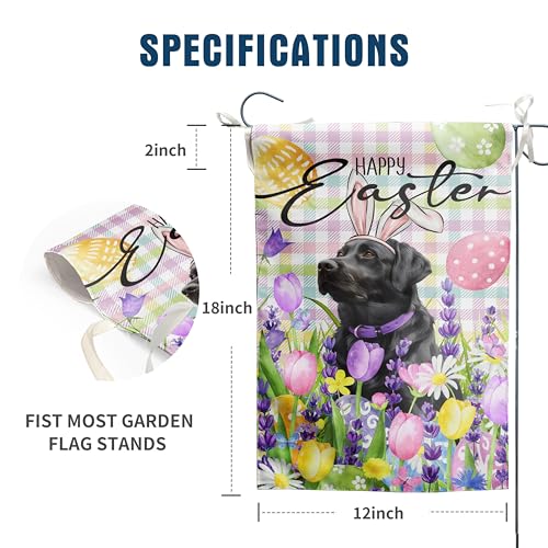 Happy Easter Labrador Dog Garden Flag Black Lab Spring Flags Buffalo Plaid Bunny Eggs Yard Flag for Outside 12x18 Double Sided Small Decorative Floral Outdoor Flag - color: easter-blacklab