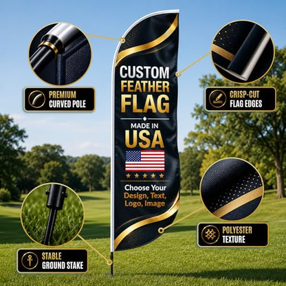 Custom Feather Flag by BCB Print, Personalized Swooper Flag with Photo, Text or Logo, 11.5x2.5 FT Single-Sided HD Print, Optional Add-On 15 FT Pole Kit & Ground Spike, Made in USA, Fast Delivery - color: Feather Flag +/– Ground Spike Kit