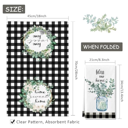 Eucalyptus Leaves Kitchen Dish Towel , 2 Pack Bless Our Home Sweet Home Quotes Buffalo Plaid Absorbent Kitchen Towel, Absorbent Drying Tea Towels for Cooking Baking, 18 x 28 (Eucalyptus Leaves)