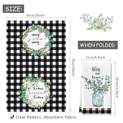 Eucalyptus Leaves Kitchen Dish Towel , 2 Pack Bless Our Home Sweet Home Quotes Buffalo Plaid Absorbent Kitchen Towel, Absorbent Drying Tea Towels for Cooking Baking, 18 x 28 (Eucalyptus Leaves)