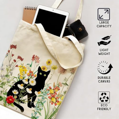 Canvas Tote Bags Reusable Shopping Bag for Women with Zippered Inner Pocket Magnetic Snap Closure - color: Black Cat 4