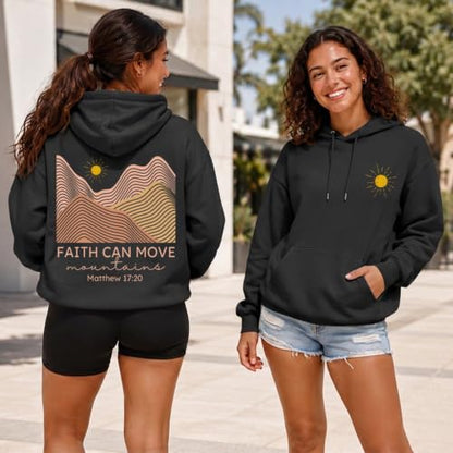 Christian Bible Verse Hoodie For Women Faith Can Move Mountains Sweatshirt Religious Sun And Mountain Graphic Hoodie - color: Black, size: Large