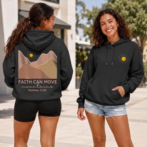 Christian Bible Verse Hoodie For Women Faith Can Move Mountains Sweatshirt Religious Sun And Mountain Graphic Hoodie - color: Black, size: Large