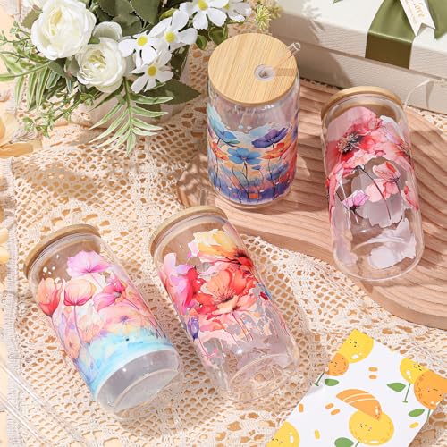 Mumufy 4 Pack Watercolor Flower Glass Cup, 16oz Tumbler Mug with Bamboo Lid - style: Watercolor Flower