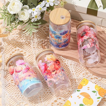 Mumufy 4 Pack Watercolor Flower Glass Cup, 16oz Tumbler Mug with Bamboo Lid - style: Watercolor Flower