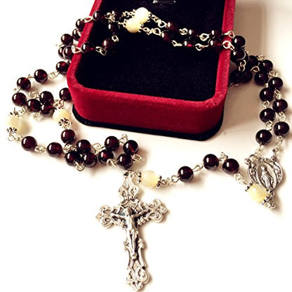 elegantmedical handmade Garnet Gemstone Beads Our Lady of GRACE 5 DECADE ROSARY Cross necklace
