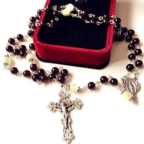 elegantmedical handmade Garnet Gemstone Beads Our Lady of GRACE 5 DECADE ROSARY Cross necklace