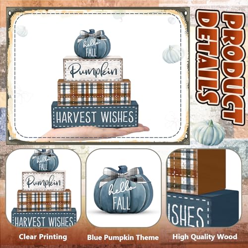 Britimes Fall Farmhouse Tiered Tray Decor Set, 4 Pack, Wooden - color: Blue Pumpkin