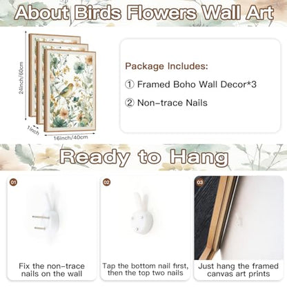 CHDITB 3 Pcs Boho Birds Flowers Framed Canvas Wall Art 16x24 Inch - color: Birds Wildflowers, size: 16"L x 24"W