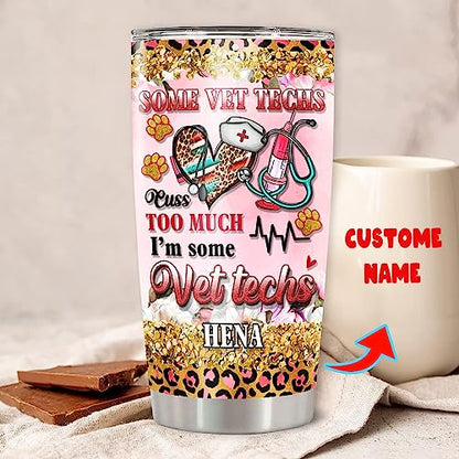 Personalized Vet Tech Tumbler With Lid Leopard Stethoscope Medical Veterinarian Travel Coffee Mug Cup Stainless Steel Gifts For Girls Women Cute Veterinary School Graduation - color: Vet