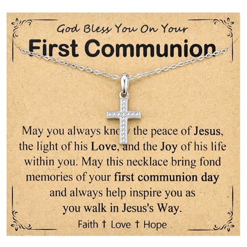 Cross Necklace for Girls Women, Baptism Easter First Communion Confirmation Gifts - 16"+2" Silver Plated Tiny Cross Necklace, Religious Jewelry Gifts for Daughter Granddaughter Goddaughter - style: First Communion