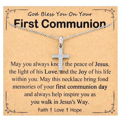 Cross Necklace for Girls Women, Baptism Easter First Communion Confirmation Gifts - 16"+2" Silver Plated Tiny Cross Necklace, Religious Jewelry Gifts for Daughter Granddaughter Goddaughter - style: First Communion