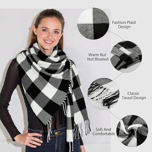 Loritta Winter Scarf for Women, Long Plaid Shawl Wraps Scarves Gifts - color: U-black White Gray Lattice