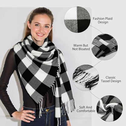 Loritta Winter Scarf for Women, Long Plaid Shawl Wraps Scarves Gifts - color: U-black White Gray Lattice