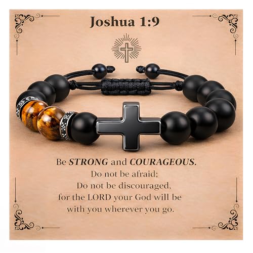 Christian Cross Bracelet Gift for Men Boys Adjustable Beaded Cross Bracelet Religious Jewelry with Message Card for Communion Baptism Confirmation Easter - style: Classic Cross Joshua 1 9