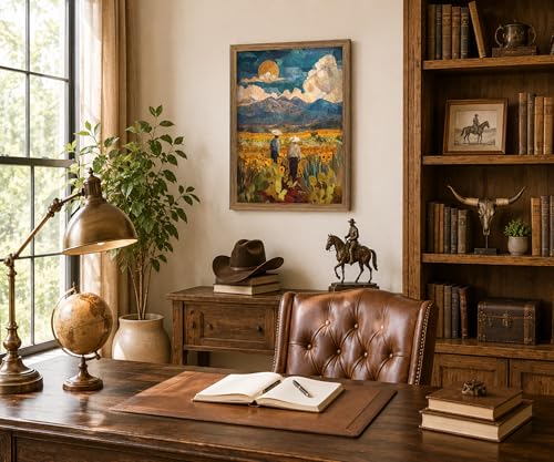Framed Southwestern Cowboy Impasto Mountain Landscape Wall Art, 12x16 Inch - color: Multicolor - Teal, Gold, Green, Brown, Blue, Yellow, White, size: 12"L x 16"W