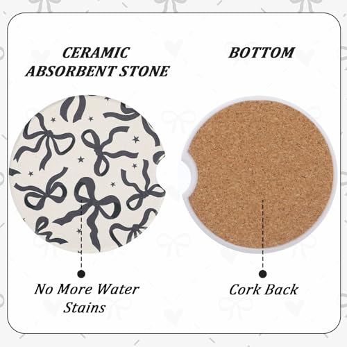 2Pcs Car Coasters for Cup Holders, Black Bow Absorbent Car Cup Coaster
