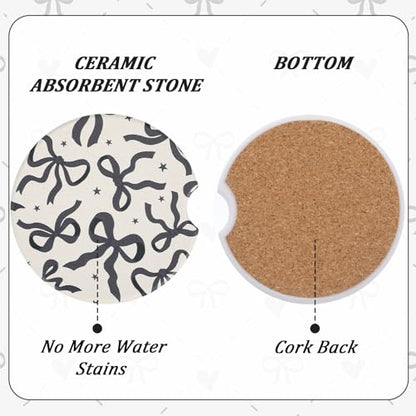 2Pcs Car Coasters for Cup Holders, Black Bow Absorbent Car Cup Coaster