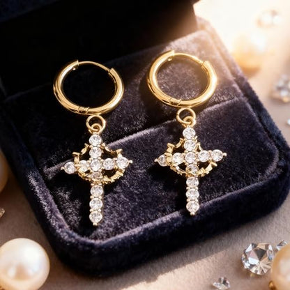Crystal Cross Hoop Earrings Women, Gold Plated - color: gold
