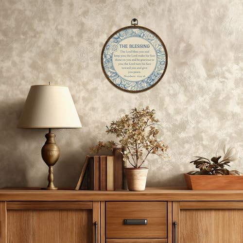 KLYTINK Christian Round Wall Art, The Blessing Bible Verse Numbers 6:24-26, Round Canvas Wall Decor with Frame, Blue Chinoiserie Floral Design for Home,Office 10x10Inch(Bible 6:24-26)