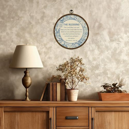 KLYTINK Christian Round Wall Art, The Blessing Bible Verse Numbers 6:24-26, Round Canvas Wall Decor with Frame, Blue Chinoiserie Floral Design for Home,Office 10x10Inch(Bible 6:24-26)