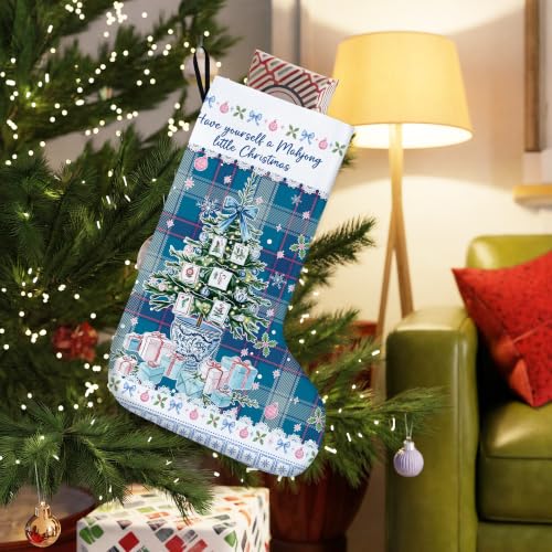 Blue Plaid Chinoiserie Christmas Mahjong Stockings 16 Inch - color: Christmas14
