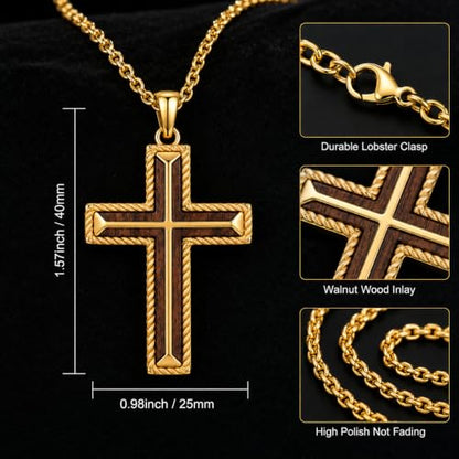 14K Gold Plated Wood Cross Necklace for Men Christian Pendant Jewelry - color: A05-Cross